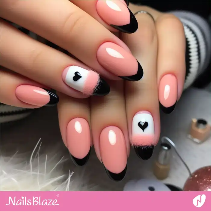 Black and Peach Fuzz French Manicure with Heart Design | Color of the Year 2024 - NB1895